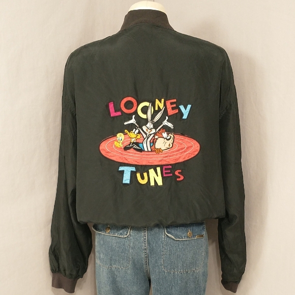1993 Looney Tunes Silk Jacket Warner Bros Bugs & Daffy ++ Vintage Black Bomber - Picture 1 of 15